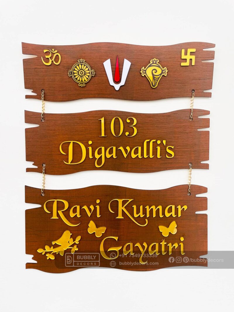 Name board wood 3 steps Venkateswara theme - Bubbly Decors