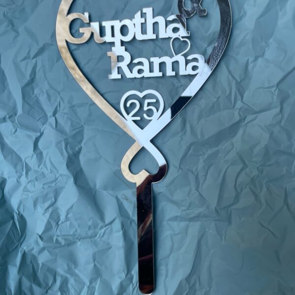 cake topper couple double heart silver - Bubbly Decors
