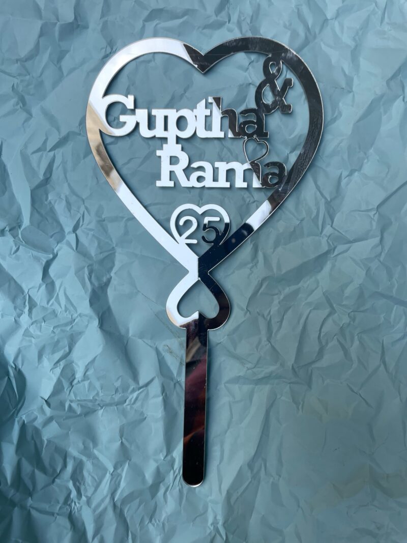 cake topper couple double heart silver - Bubbly Decors