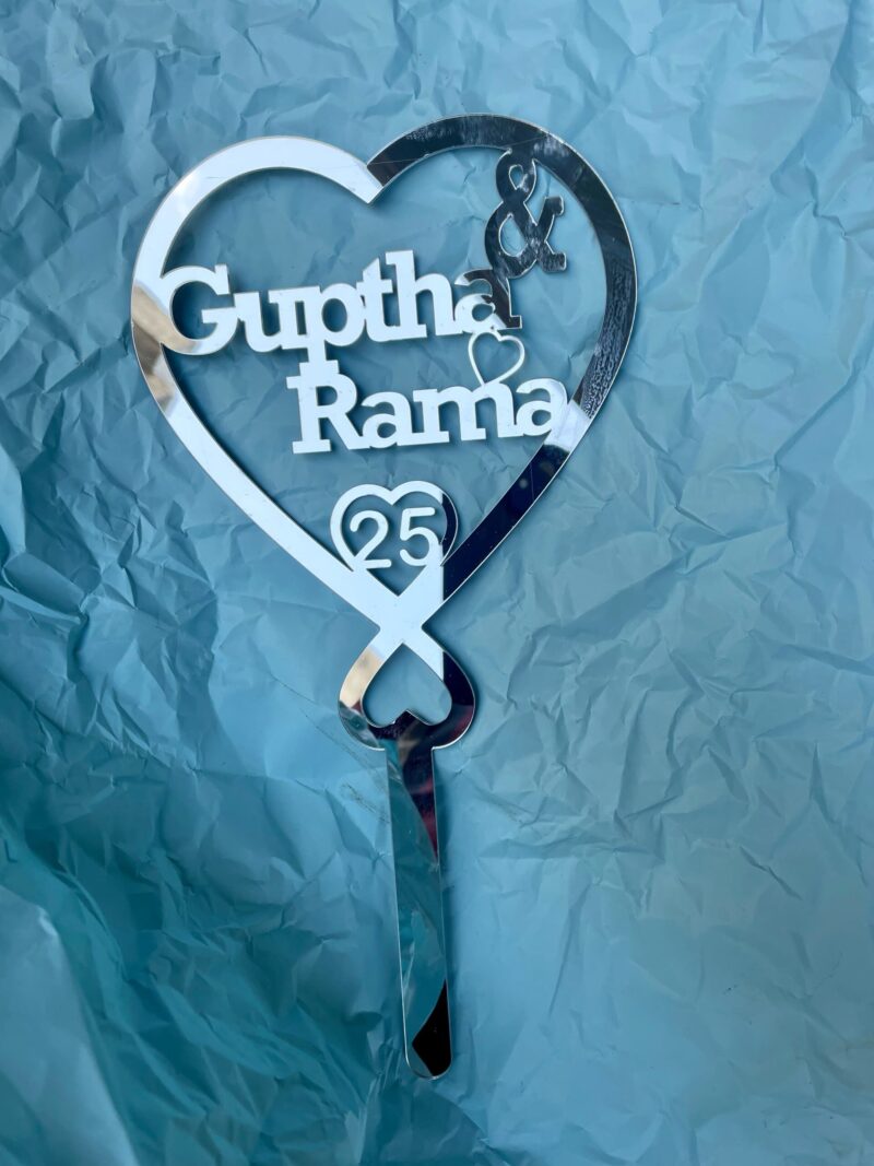 cake topper couple double heart silver - Bubbly Decors