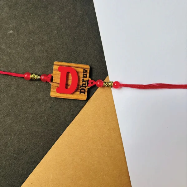 wood initial name rakhi - red
