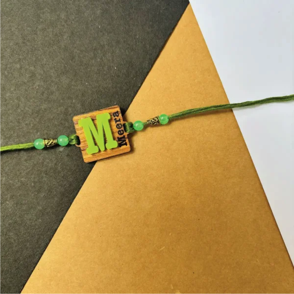 wood initial name rakhi - green