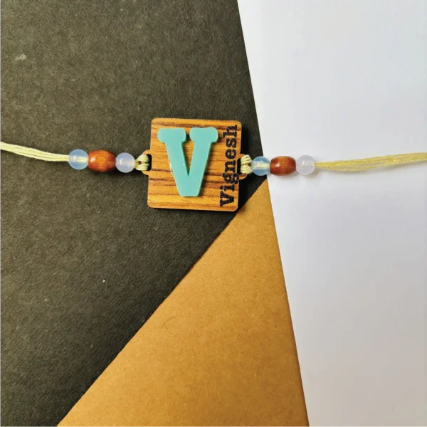 Wood initial name rakhi - blue